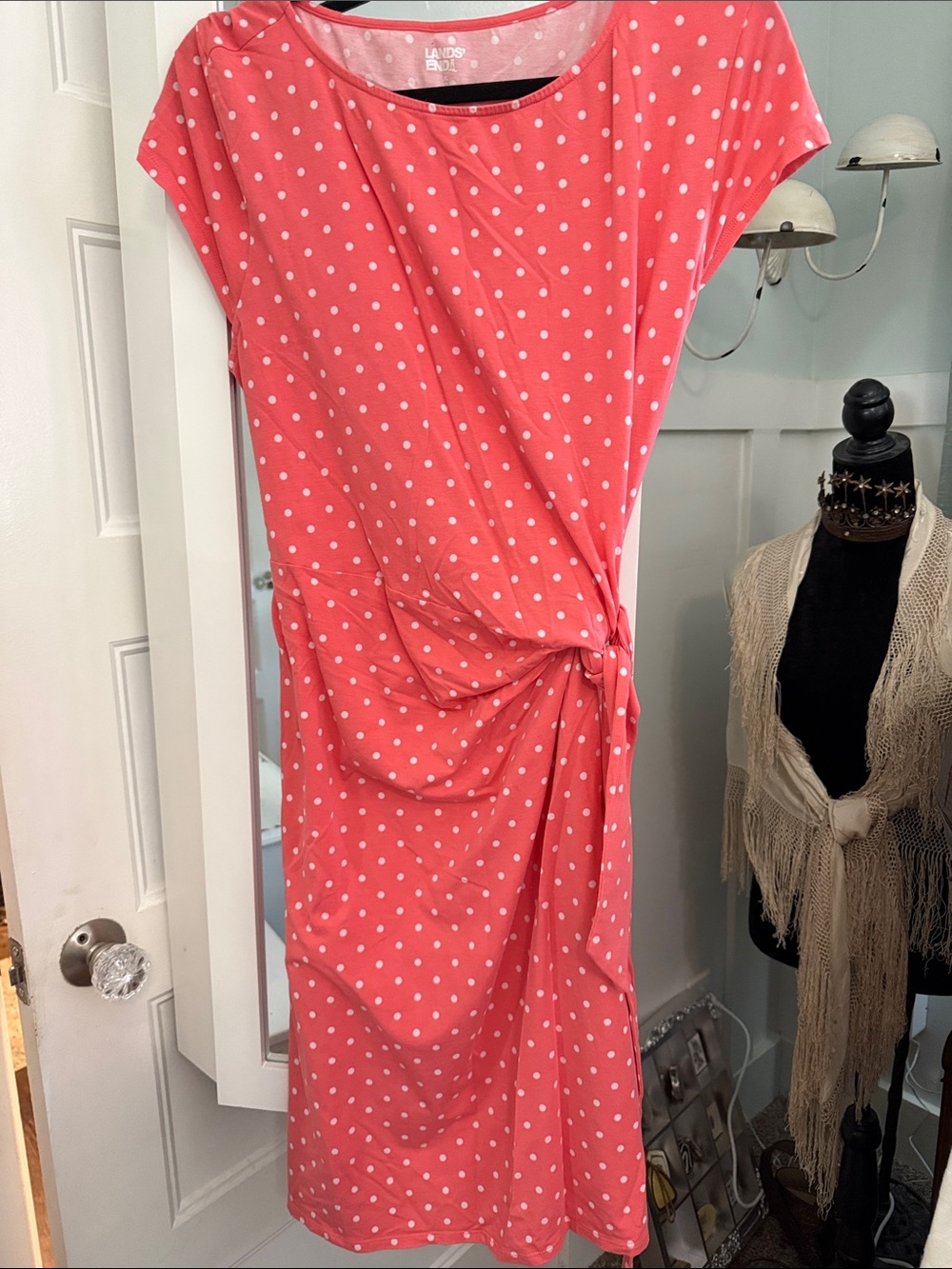 Lands' End Coral Pink Polka Dot Midi Dress with Side Knot